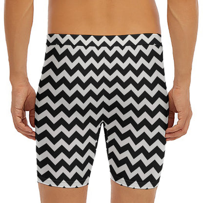 Black And White Chevron Pattern Print Men's Long Boxer Briefs