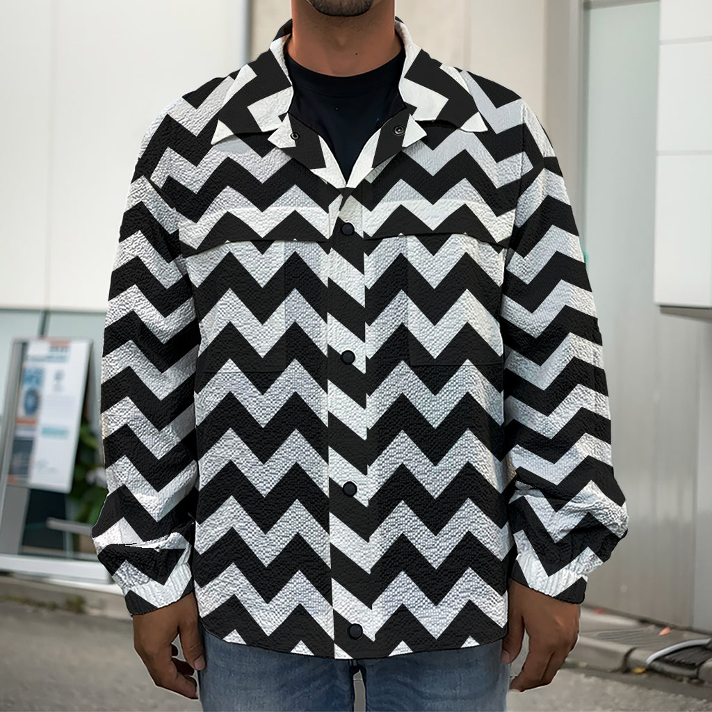 Black And White Chevron Pattern Print Men's Shirt Jacket
