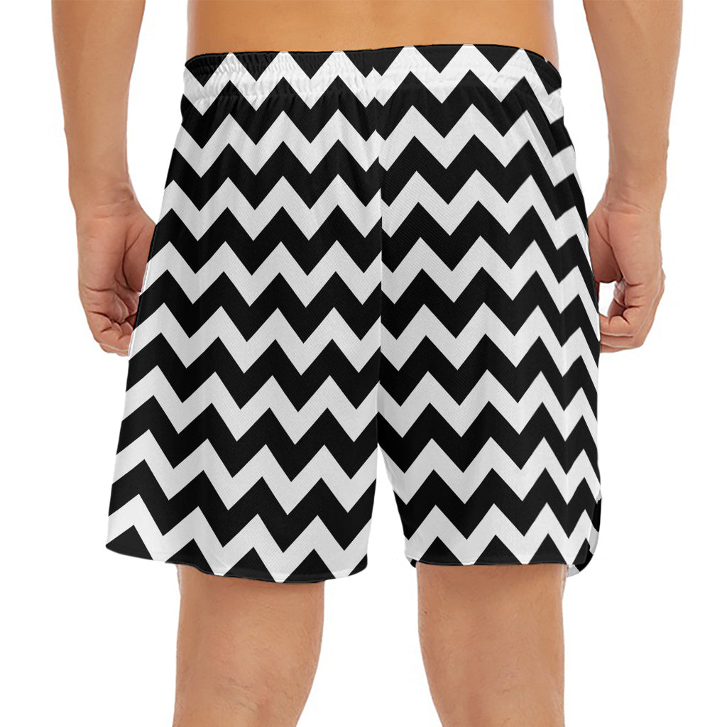 Black And White Chevron Pattern Print Men's Split Running Shorts