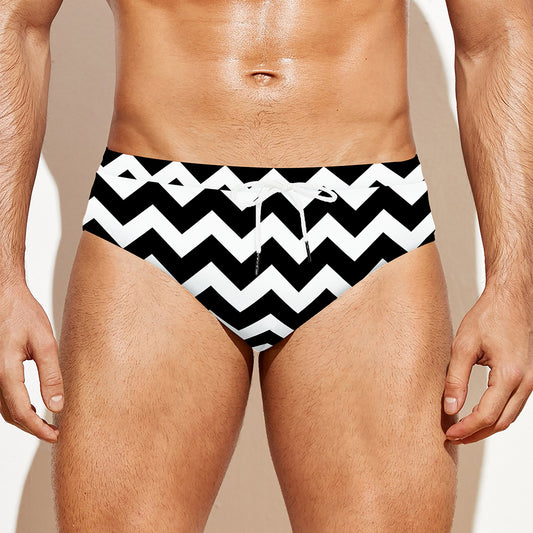 Black And White Chevron Pattern Print Men's Swim Briefs