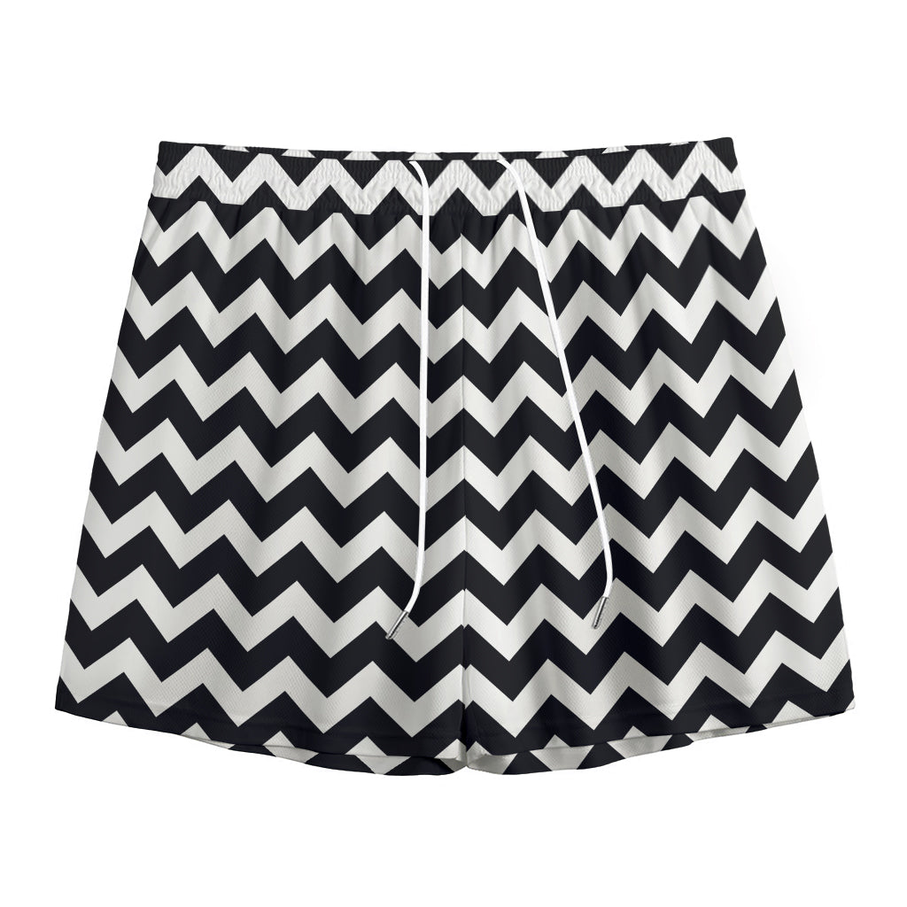 Black And White Chevron Pattern Print Mesh Shorts
