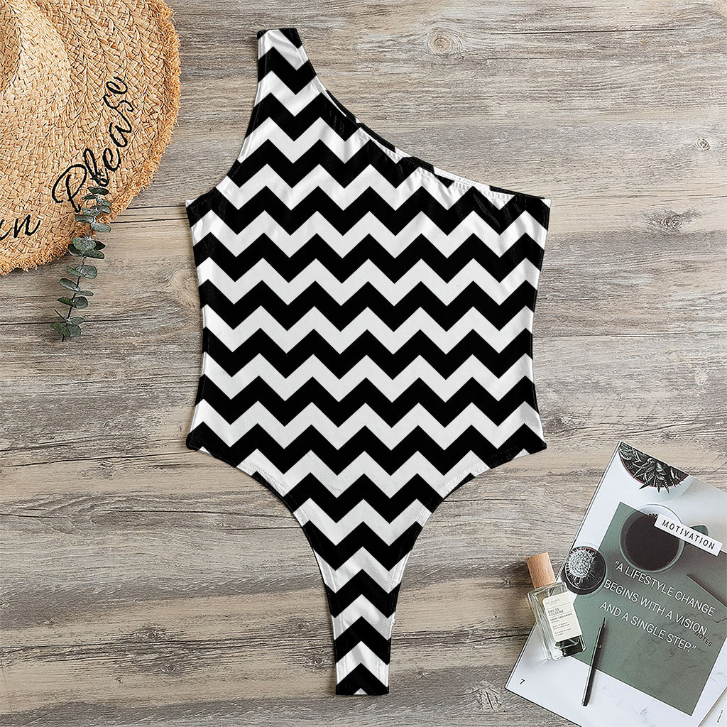 Black And White Chevron Pattern Print One Shoulder Bodysuit