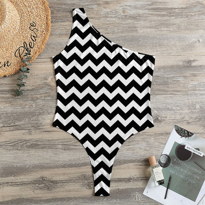 Black And White Chevron Pattern Print One Shoulder Bodysuit