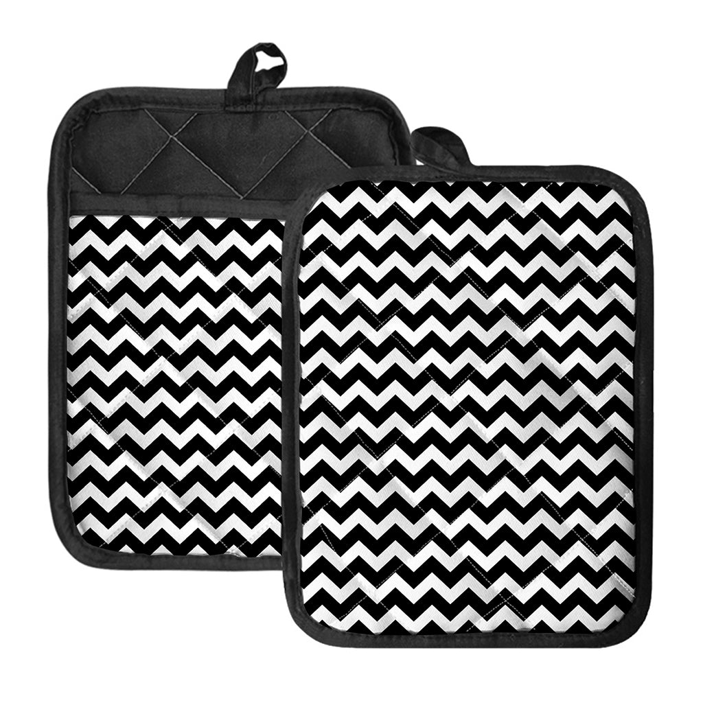 Black And White Chevron Pattern Print Pot Holders With Pocket
