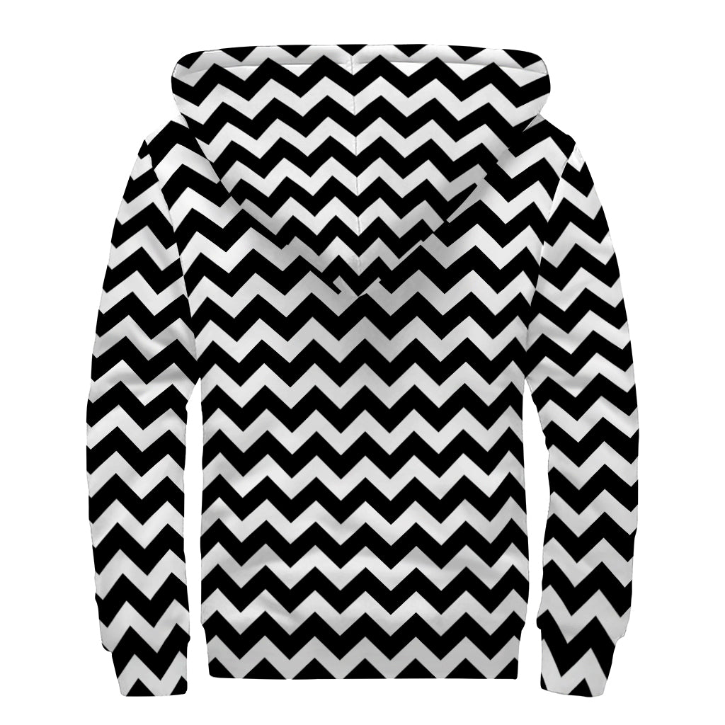 Black And White Chevron Pattern Print Sherpa Lined Zip Up Hoodie