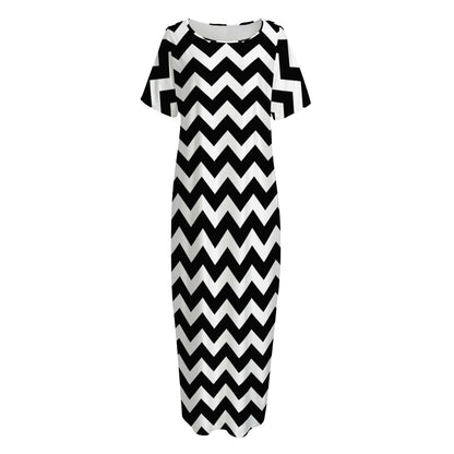 Black And White Chevron Pattern Print Short Sleeve Long Nightdress
