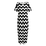 Black And White Chevron Pattern Print Short Sleeve Long Nightdress