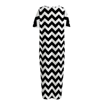 Black And White Chevron Pattern Print Short Sleeve Long Nightdress