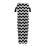 Black And White Chevron Pattern Print Short Sleeve Long Nightdress