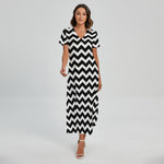 Black And White Chevron Pattern Print Short Sleeve Maxi Dress