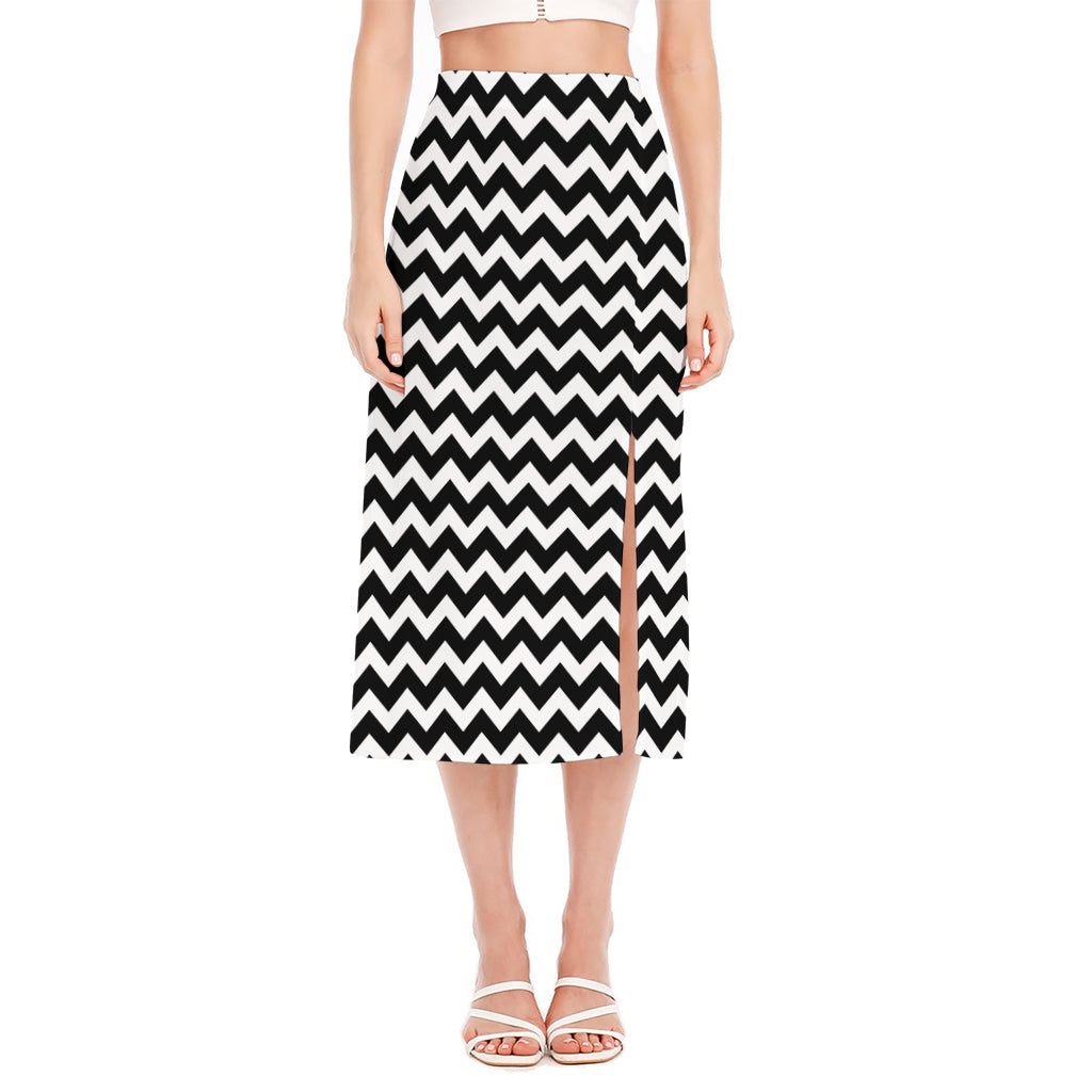 Black And White Chevron Pattern Print Side Slit Midi Skirt