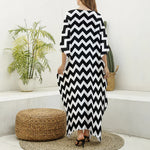 Black And White Chevron Pattern Print Silk V-Neck Kaftan Dress