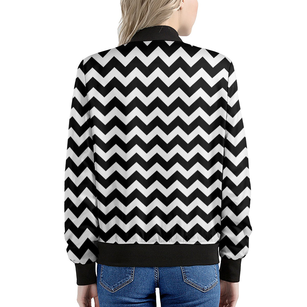 Black And White Chevron Pattern Print Women's Bomber Jacket