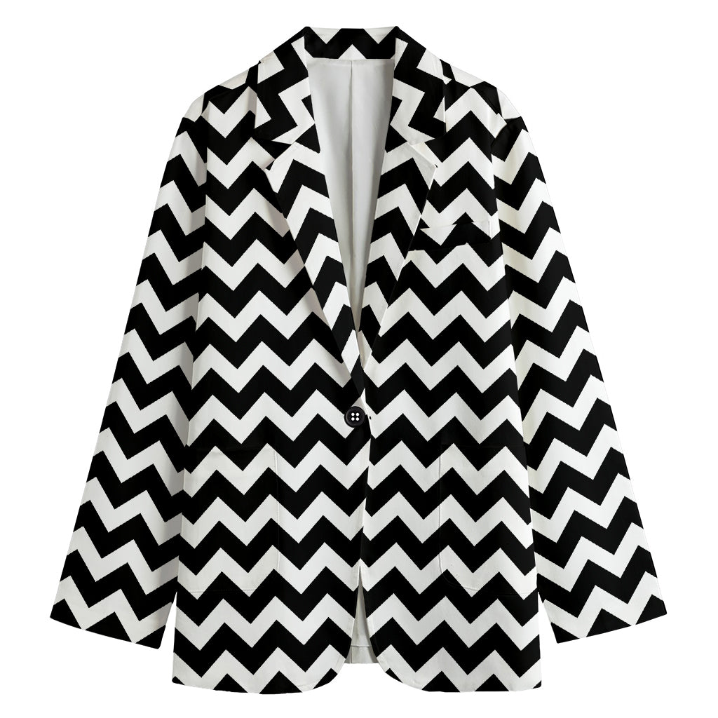 Black And White Chevron Pattern Print Women's Cotton Blazer