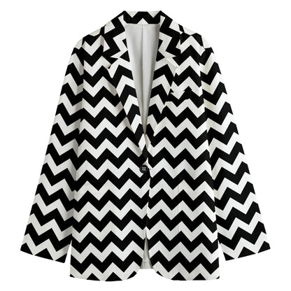 Black And White Chevron Pattern Print Women's Cotton Blazer