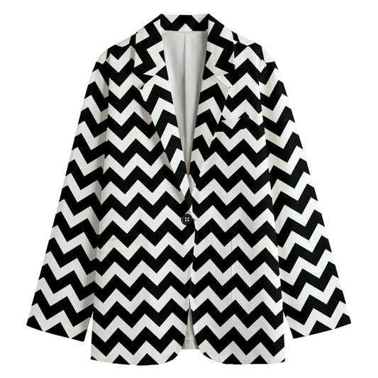 Black And White Chevron Pattern Print Women's Cotton Blazer