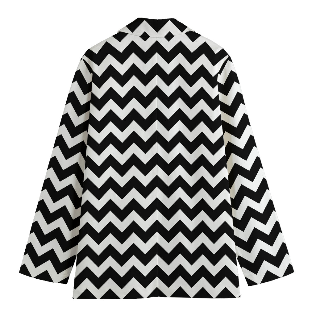 Black And White Chevron Pattern Print Women's Cotton Blazer