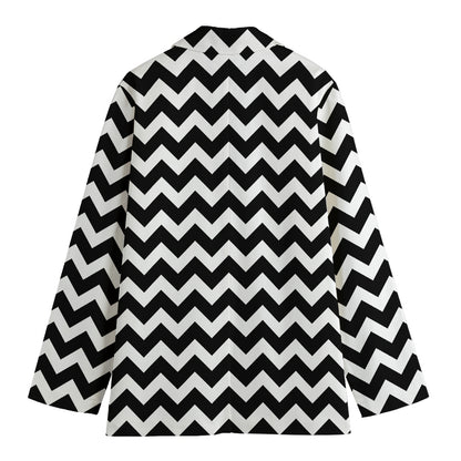 Black And White Chevron Pattern Print Women's Cotton Blazer