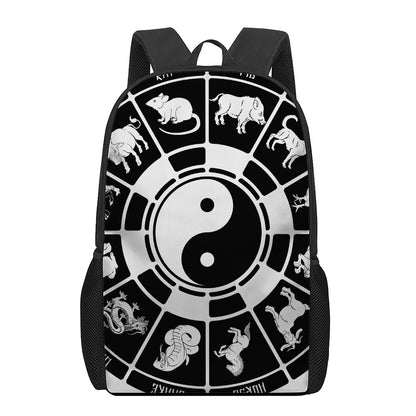 Black And White Chinese Zodiac Print 17 Inch Backpack