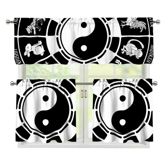 Black And White Chinese Zodiac Print 3 Piece Kitchen Curtains