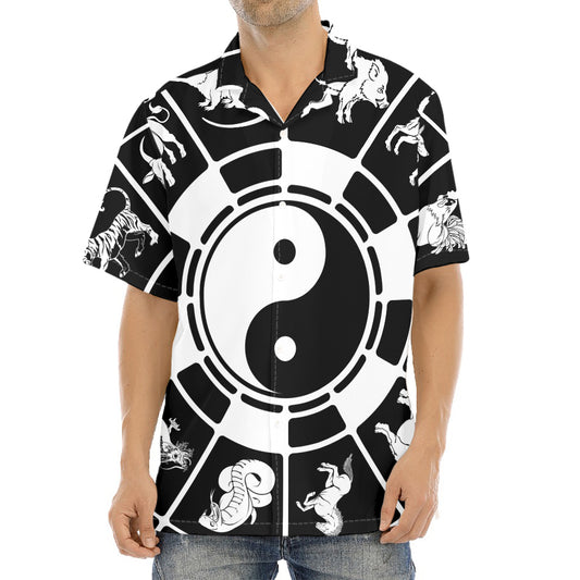 Black And White Chinese Zodiac Print Aloha Shirt