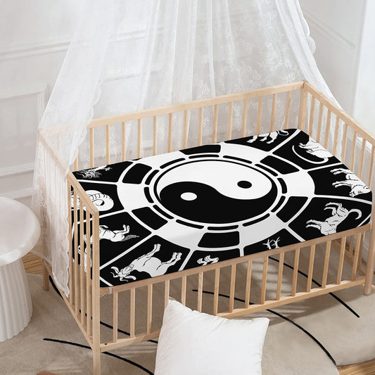 Black And White Chinese Zodiac Print Baby Crib Sheet