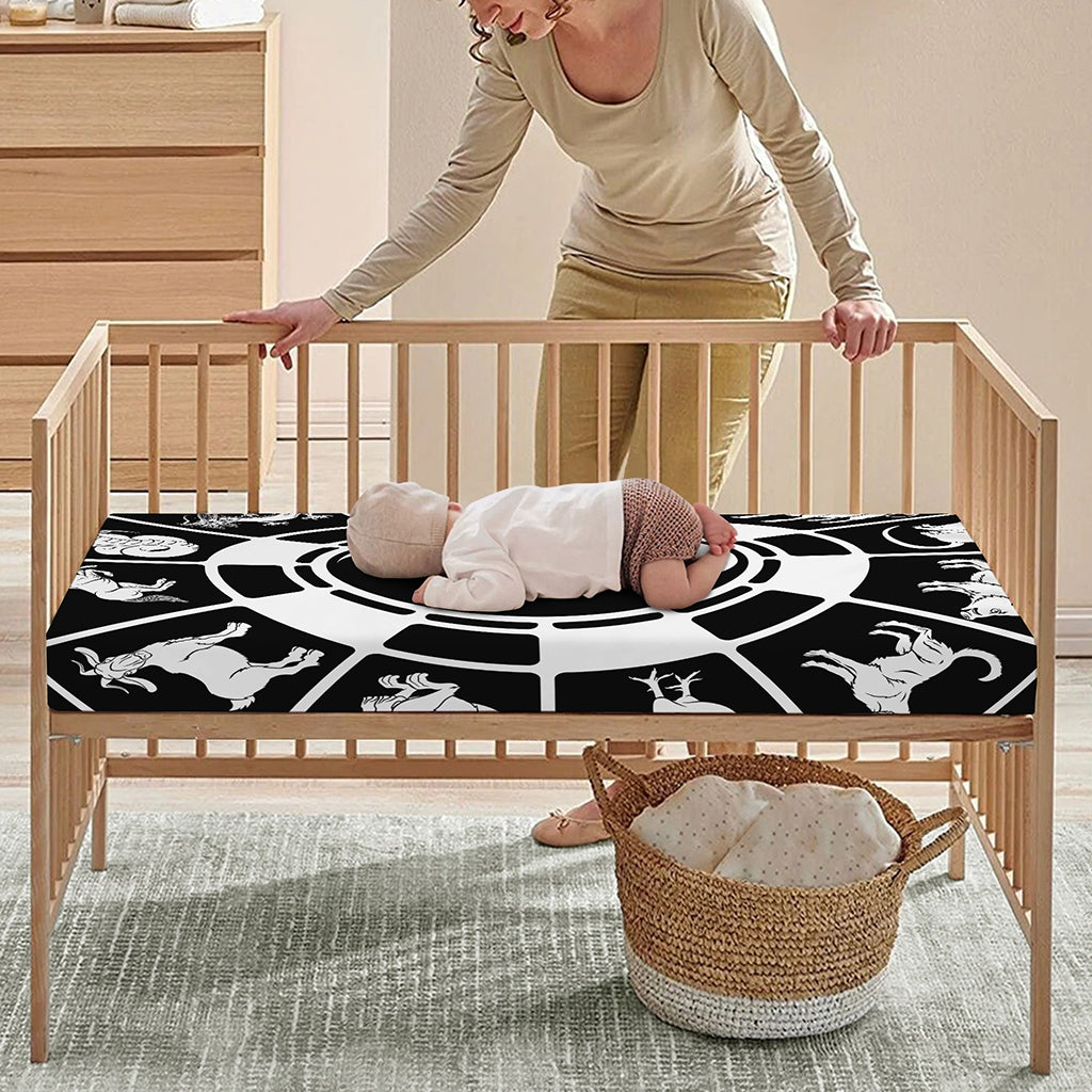 Black And White Chinese Zodiac Print Baby Crib Sheet
