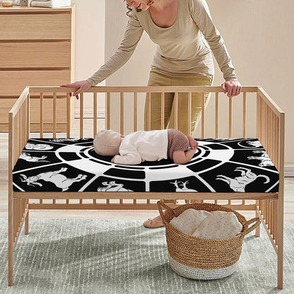 Black And White Chinese Zodiac Print Baby Crib Sheet