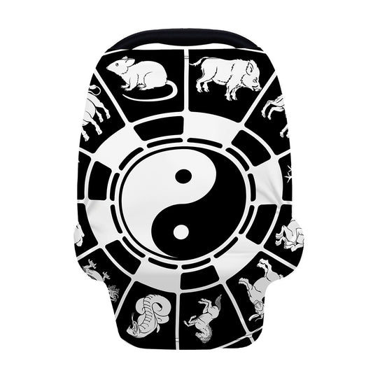 Black And White Chinese Zodiac Print Baby Seat Cover
