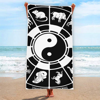 Black And White Chinese Zodiac Print Beach Towel