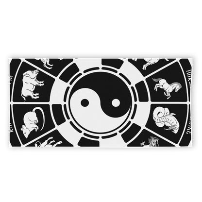Black And White Chinese Zodiac Print Beach Towel