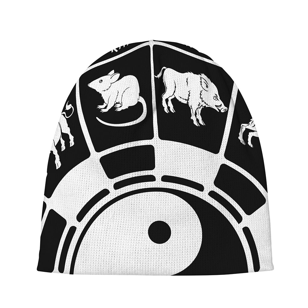 Black And White Chinese Zodiac Print Beanie