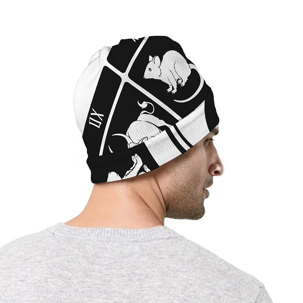 Black And White Chinese Zodiac Print Beanie