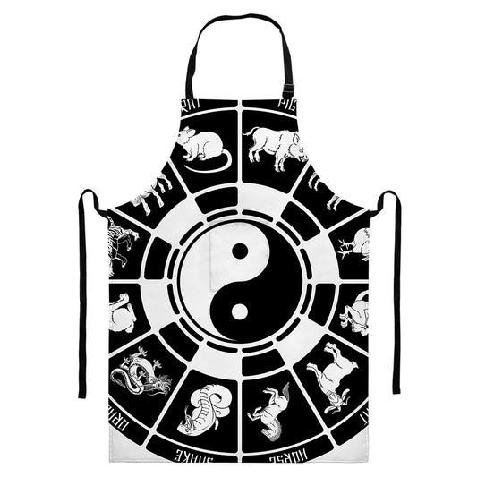 Black And White Chinese Zodiac Print Bib Apron With Pocket
