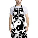 Black And White Chinese Zodiac Print Bib Apron With Pocket