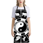 Black And White Chinese Zodiac Print Bib Apron With Pocket