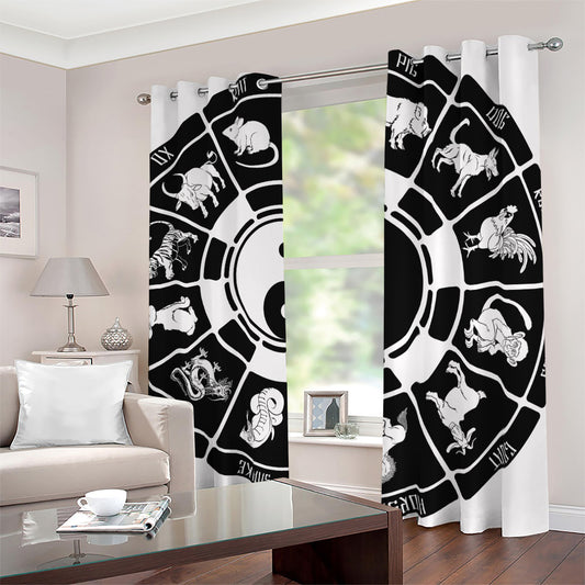 Black And White Chinese Zodiac Print Blackout Grommet Curtains