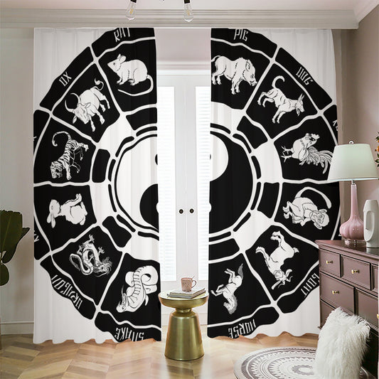 Black And White Chinese Zodiac Print Blackout Pencil Pleat Curtains