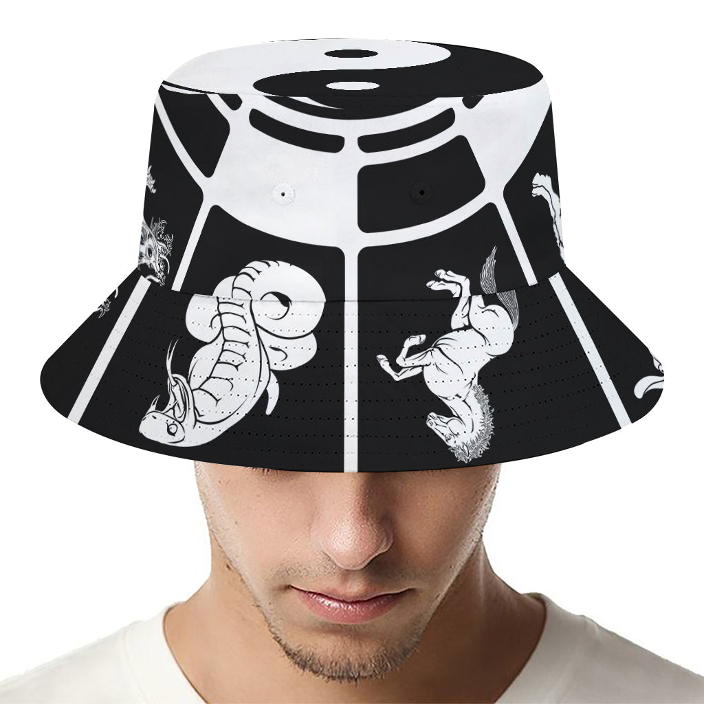 Black And White Chinese Zodiac Print Bucket Hat