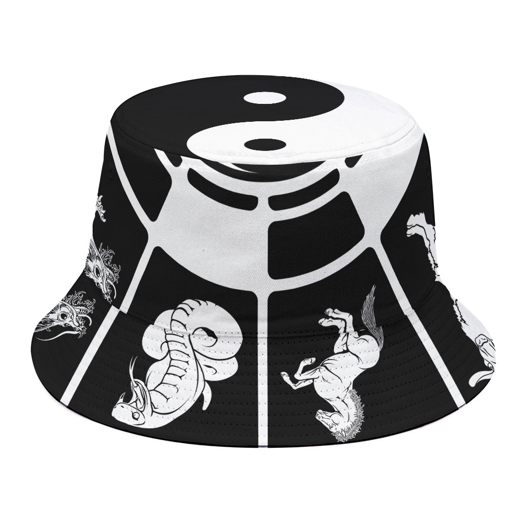 Black And White Chinese Zodiac Print Bucket Hat