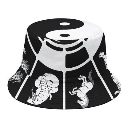 Black And White Chinese Zodiac Print Bucket Hat