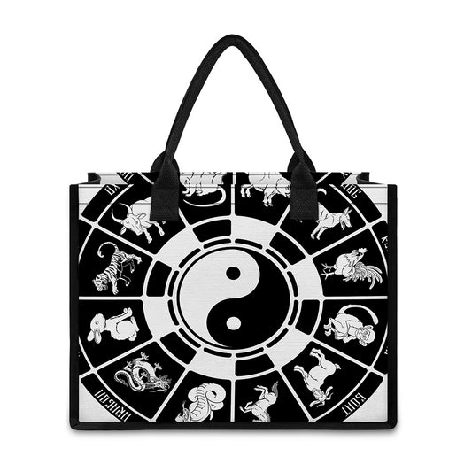 Black And White Chinese Zodiac Print Canvas Tote Bag
