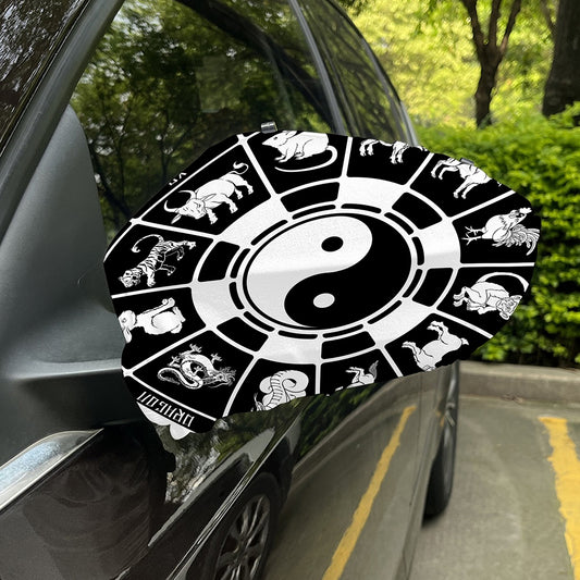 Black And White Chinese Zodiac Print Car Side Mirror Covers