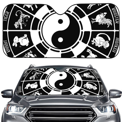 Black And White Chinese Zodiac Print Car Windshield Sun Shade