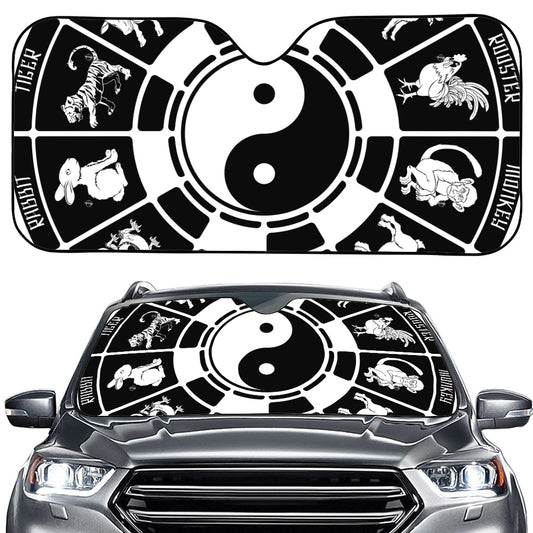 Black And White Chinese Zodiac Print Car Windshield Sun Shade
