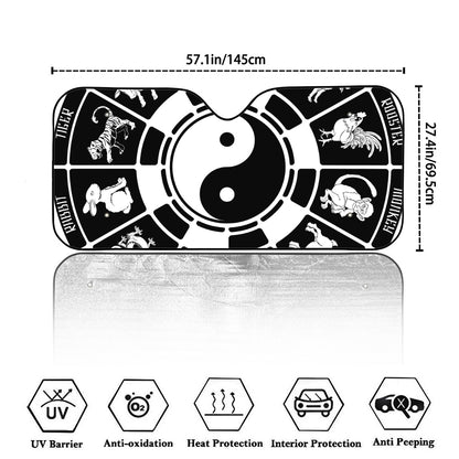 Black And White Chinese Zodiac Print Car Windshield Sun Shade