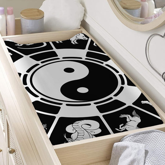 Black And White Chinese Zodiac Print Changing Pad Cover
