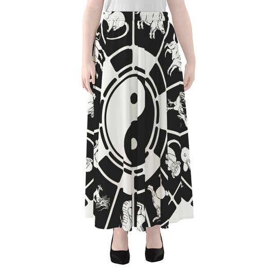 Black And White Chinese Zodiac Print Chiffon Maxi Skirt