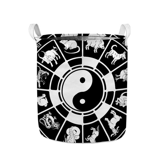 Black And White Chinese Zodiac Print Collapsible Laundry Basket