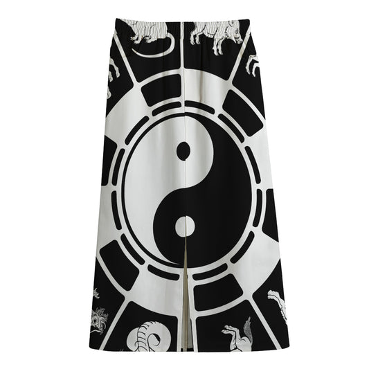Black And White Chinese Zodiac Print Cotton Front Slit Maxi Skirt